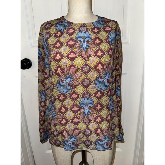 Anthropologie Selene Floral Geometric Long-Sleeve Blouse by TANVI KEDIA Sz 8 - Picture 1 of 6